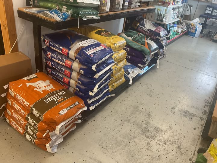 Pallets of feed bags in the warehouse