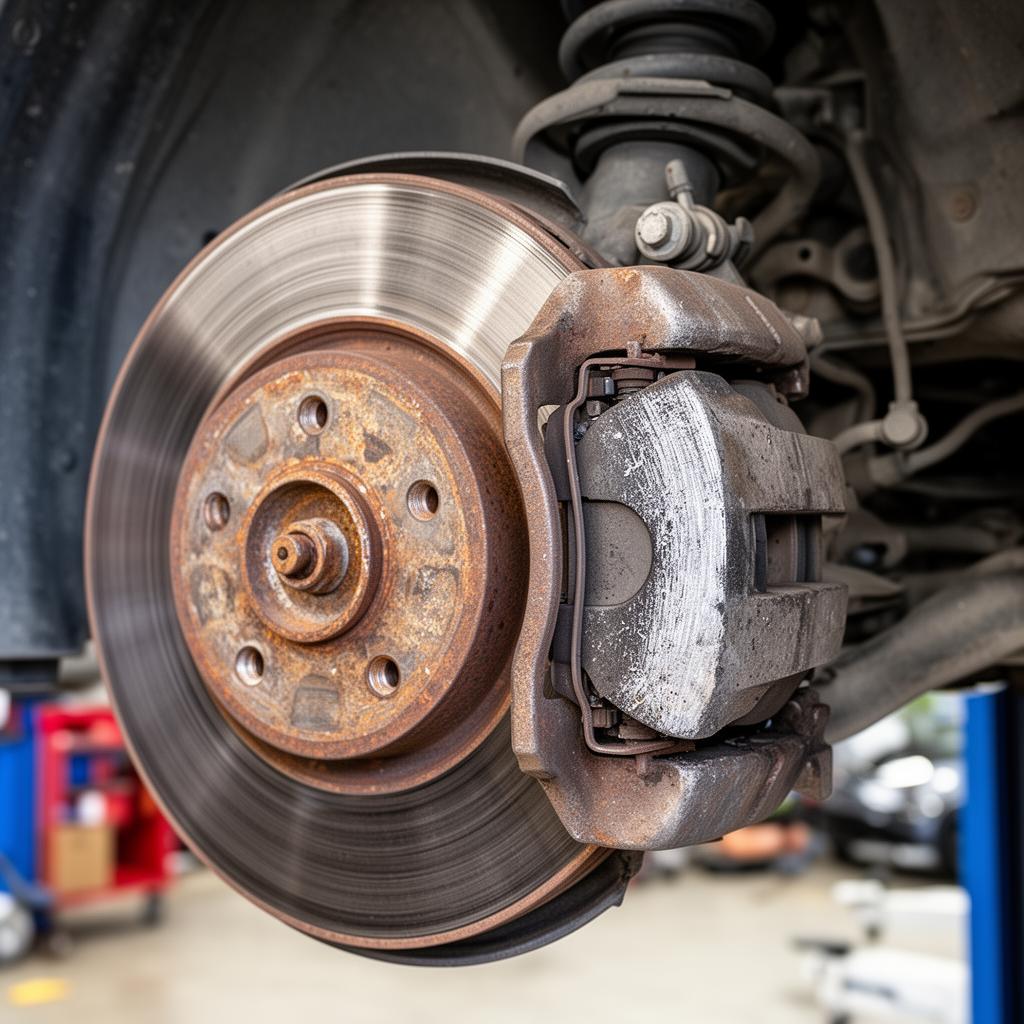 Worn, rusted brake rotor and pads before service at DKD Grease N Gears