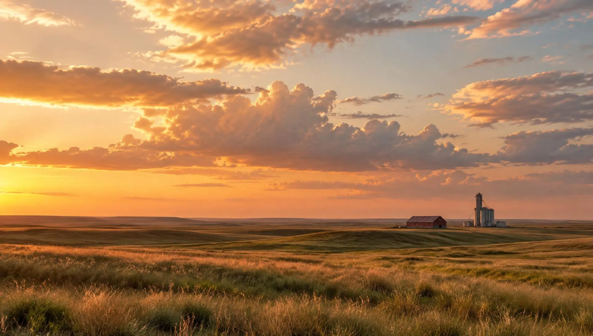 Golden-hour prairie outside Sidney, Nebraska with a red barn and grain elevator