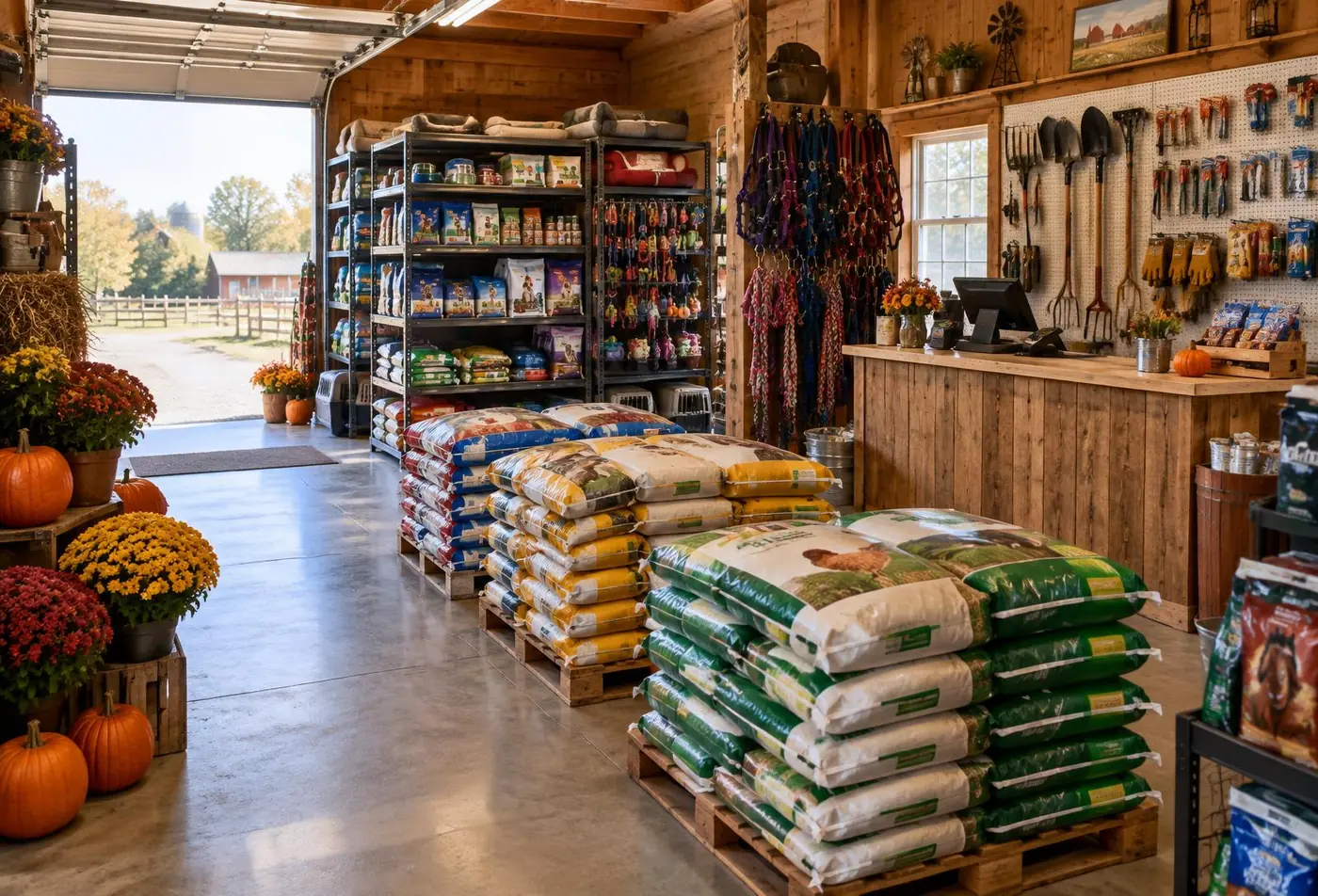Inside a well-stocked farm and feed store with stacked feed bags and fall mums